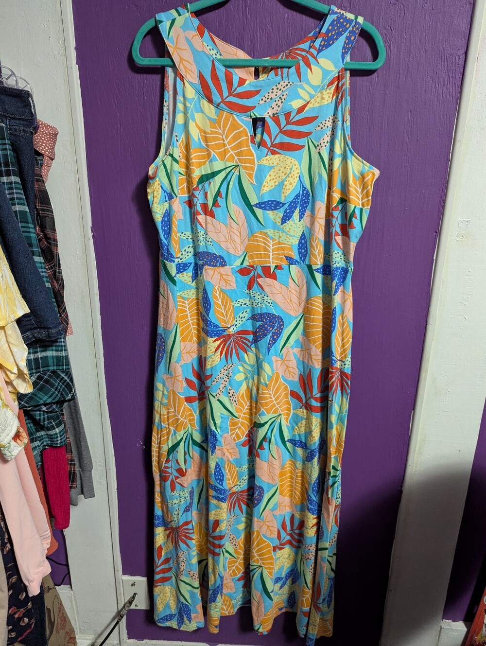 NWT $139 Talbots Blue Colorful Gathered Leaves  Round Neck Maxi Dress 0X 16 18 - Picture 2 of 4